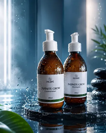 Filipé Infinite Grow Shampoo and Conditioner side by side in amber pump bottles