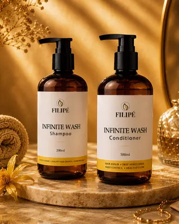 Filipé Infinite Wash Shampoo and Conditioner side by side in amber pump bottles
